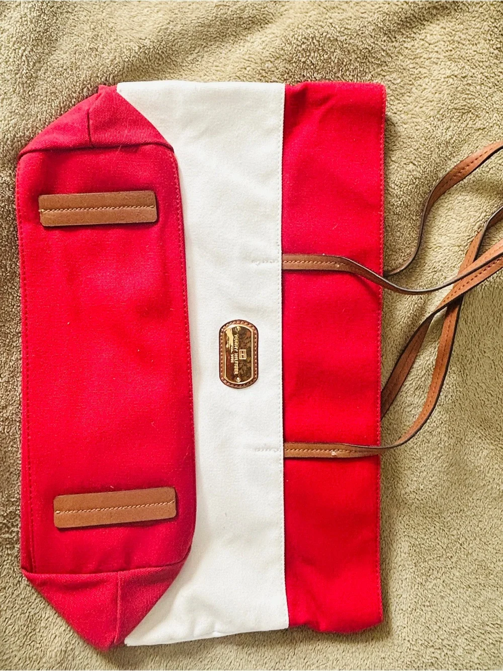 Tommy Hilfiger Red and White Canvas Tote with Tan Straps